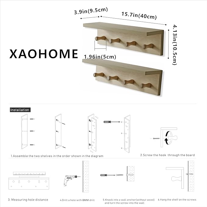Wall Mounted Coat Rack with Shelf, 15.7" Floating Shelf with 8 Hooks, Heavy Duty Entryway Organizer for Hanging Coats, Bags, Hats, Towels - Ideal for Entryway, (2Pack-Birch Colored Finish)