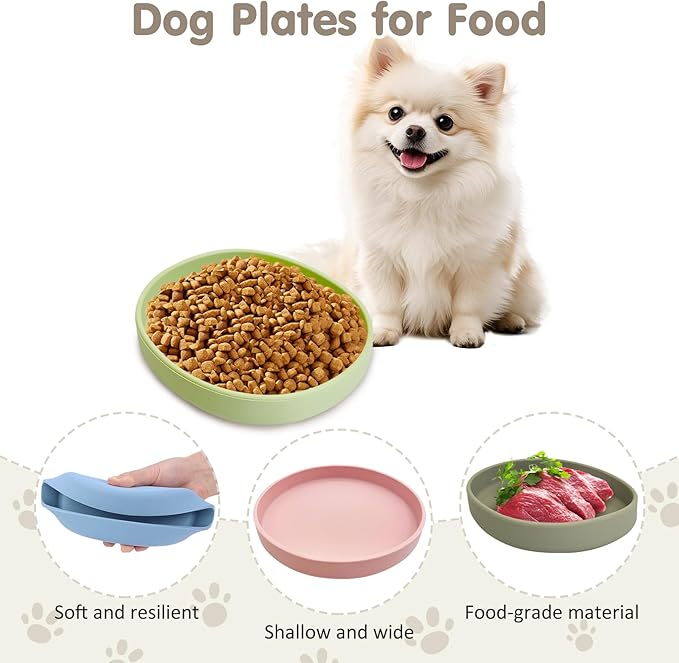 VCEPJH 2 Pack Silicone Dog Plates for Food Shallow Pet Bowl Flat Puppy Food Bowl Whisker Fatigue Cat Feeding Bowls Noiseless Dishes for Dry and Wet Food (Round Blue)