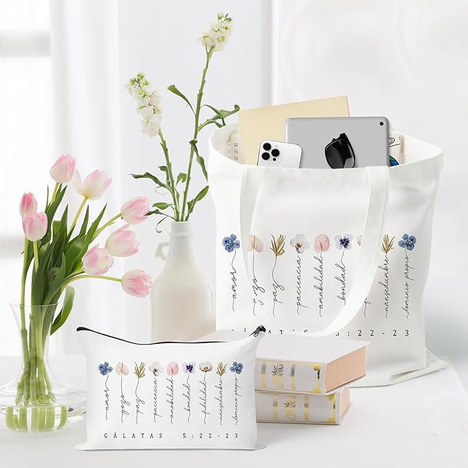 Y1tvei Spanish Floral Canvas Bag - 2Pcs Cute Watercolor Flower Print Bible Verse Canvas Tote Bag Makeup Pouch, Reusable Grocery Shopping handbag Christian Gifts for Religious Faith Church Party Favors