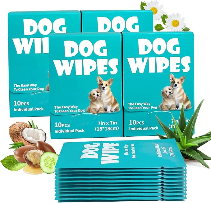 Falatong Dog Wipes, Pet Grooming Cleaning Wipes for Dogs, 7x7 Inch, 40 Count Individual Packs, Hypoallergenic Unscented for Face, Paws, Body