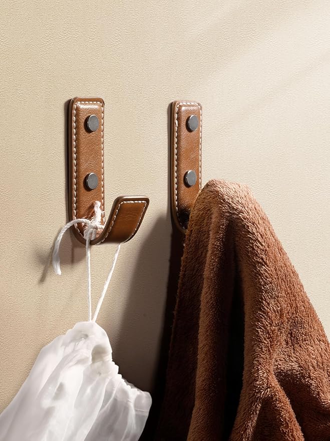 2 Pack Brown Leather Coat Hooks Wall for Hanging Rectangle Coat Hooks for Hanging Robe Towels Bags Hats Scarf Keys Clothes Suitable for Bedroom, Entryway and Closet