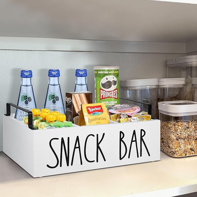 Snack Organizer for Countertop, Wood Pantry Storage Bins with Handles, Snack Bar Organizer for Pantry Shelf, Kitchen, 4 Compartment Food Container Snack Box, Pantry Organizer for Snacks, Chips(White)