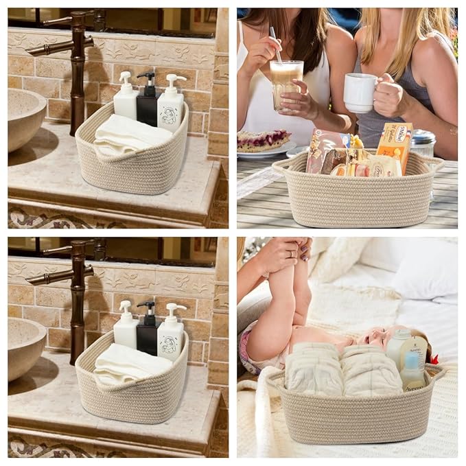 XUANGUO Woven Cotton Rope Storage Basket with Handles for Organizing Shelves Closet Small Cat Dog Pet Toy Baskets Box Bin Decorative Rectangle Baby Nursery Basket Gift Basket Empty oatmeal
