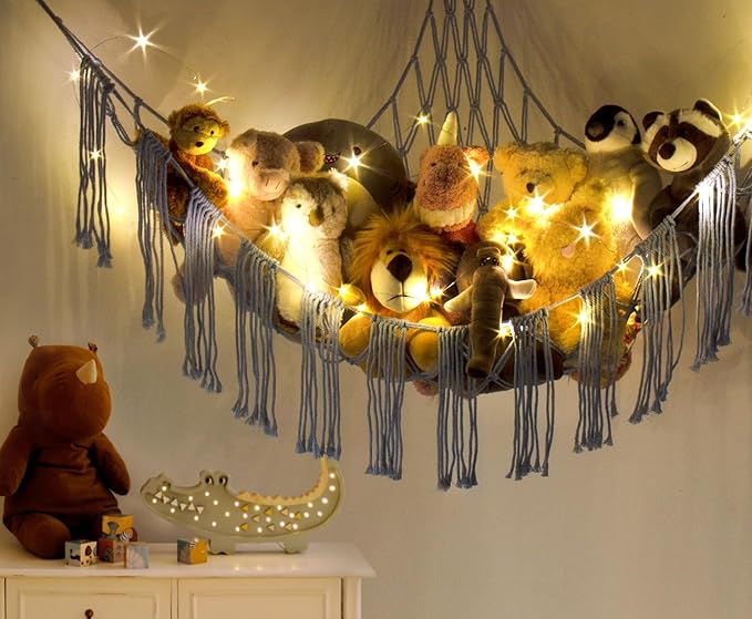RelaxScene Stuffed Animal Hammock Corner Storage with LED Light - Bluey Room Decor for Girls - Teddy Bear Stuffy Hammock - Cute Blue Things for Bedroom - Wall Ceiling Hanging Decor