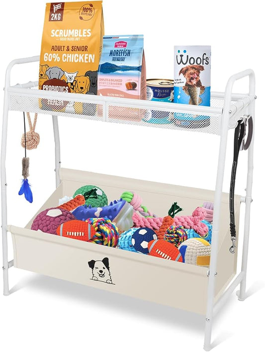 Large Dog Basket, Metal Oxford Puppy Bin with Storage Organizer, Trapezoid Doggy Bin for Living Room for Dog Lovers, White