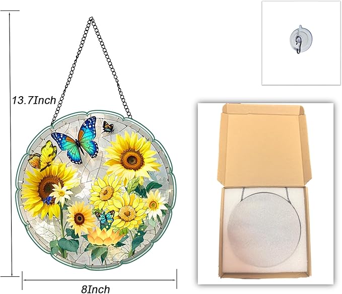 Sunflower Suncatcher 8 Inch Stained Glass Window Hanging Diamond Chain Hooks – Indoor/Outdoor Window Wall Art Home Décor -Gift for Women Men Valentine's Day Thanksgiving Ornaments Festival Gifts
