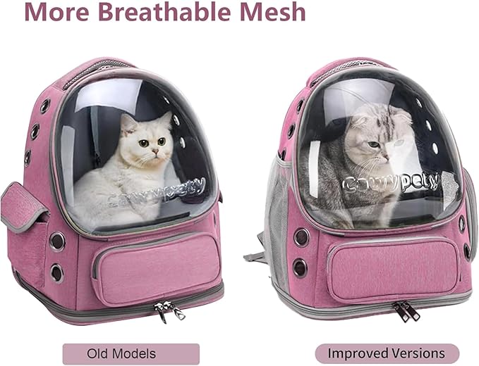 Cawypety Cat Backpack Carrier, Breathable Cat Carrier Large Space Bubble Pet Backpack for Kitty Small Dog up to 12lbs, Transparent & Foldable Pet Carrier for Travel Hiking（Pink）