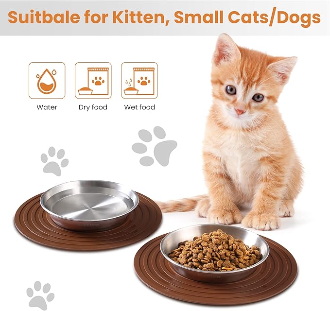 Wellbro Cat Food Bowls, 2 Pcs Stainless Steel Cat Food and Water Bowls, Whisker Fatigue Shallow Cat Dishes, Small Dog Puppies Fat Faced Cat Kitten Supplies