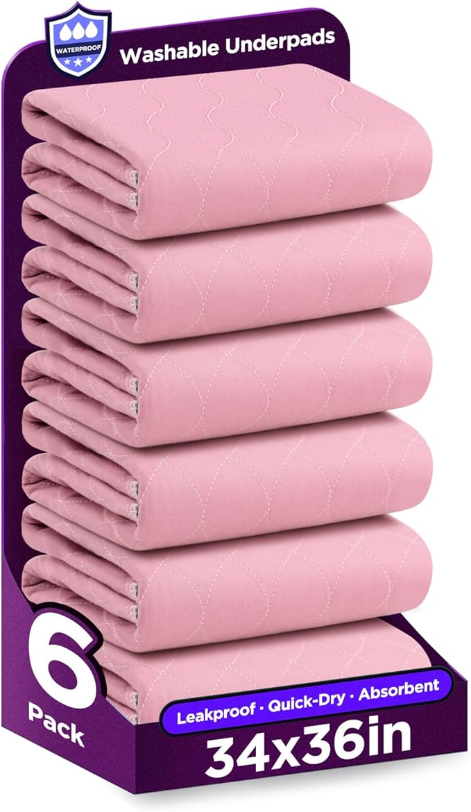 Washable Bed Pads 34" x 36" - 6 Pack, Pink, Waterproof Bed Pads for Incontinence, Bed Wetting Pads for Bed, Sofa, Floor, Resuable Underpads for Adults, Seniors, Pet