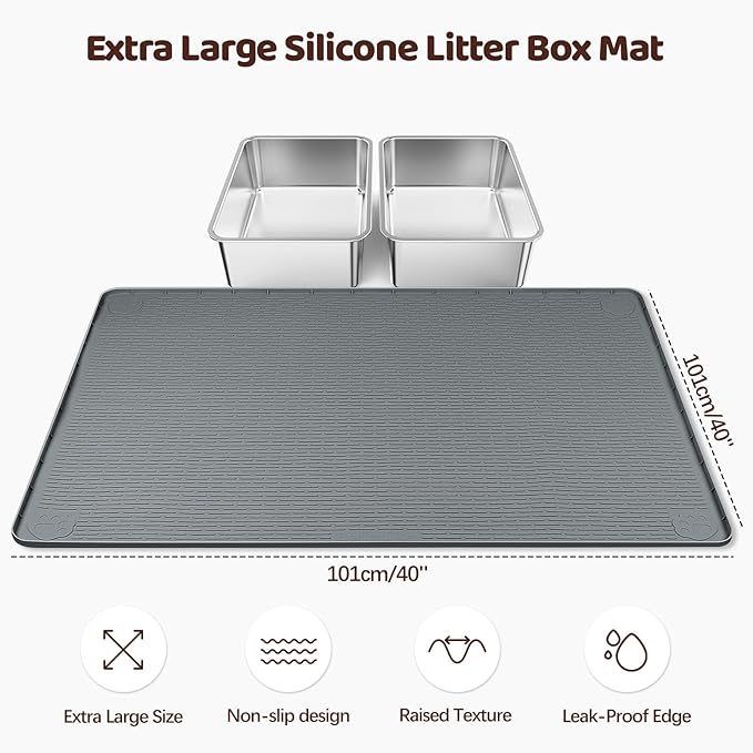 Bartuke Cat Litter Mat, XL Extra Large 40" x 40" Silicone Mat Litter Trapping Mat for Scatter Control, Soft on Kitty Paws, Easy to Clean (Dark Grey)