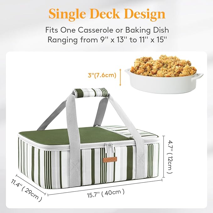 Lifewit LUNCIA Insulated Casserole Carrier for Hot or Cold Food, Lasagna Lugger Tote for Potluck Parties/Picnic/Cookouts, Fits 9"×13" Baking Dish, Dark Green