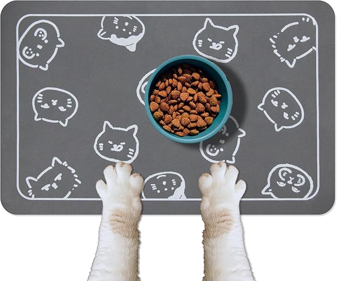 YCT Cat Food and Water Mat for Pets - Non Slip Super Absorbent Dog Bowl Mat, with Multiple Cat Heads Logo - 24 x 16.9 Inches, Dark Gray