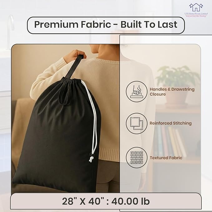 LFH Home Large Premium Cotton Canvas Laundry Bag with Drawstring and Handles Heavy Duty, Multi-Use, and Washable for Home, Travel, College or Storage 28x40 (Pack of 2)-Black