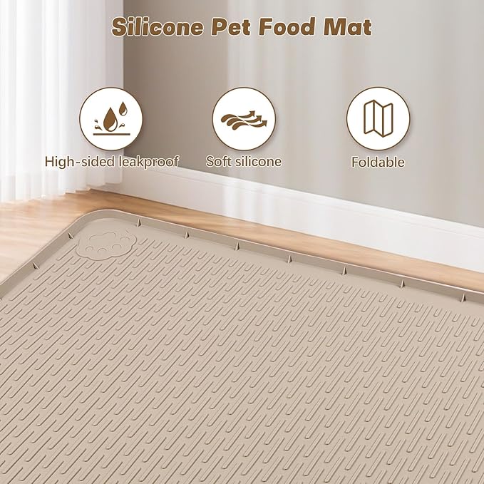 Bartuke Cat Food Mat, 40" x 28" Extra Large Silicone Pet Feeding Mat with Raised Edge Pet Placemat for Food and Water Bowl Non-Slip, Easy to Clean, Floor Protection (Khaki)
