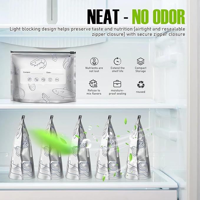 Reusable Aluminum Foil Sealable Storage Bags,30PCS Resealable Vacuum Zipper Pouches for Food, Stand Up Foil Sealable Bags with Label and Zip Lock for Vegetable Fruit Meat