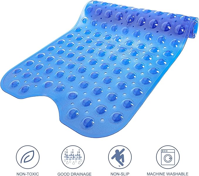 Bathtub Mats for Shower Tub, Extra Long Non-Slip 39 x 16 Inch Bath Mat with Drain Holes and Suction Cups, BathMat for Bathroom with Machine Washable (Clear Blue)