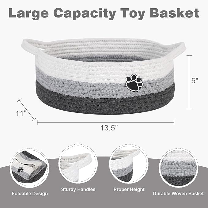 Dog Toy Easter Basket, Toy Box and Bin for Dog Cat Storage, 13.5" X 11" X 5" Small Woven Rope Basket for Baby Storage, Closet, Living Room, White & Grey