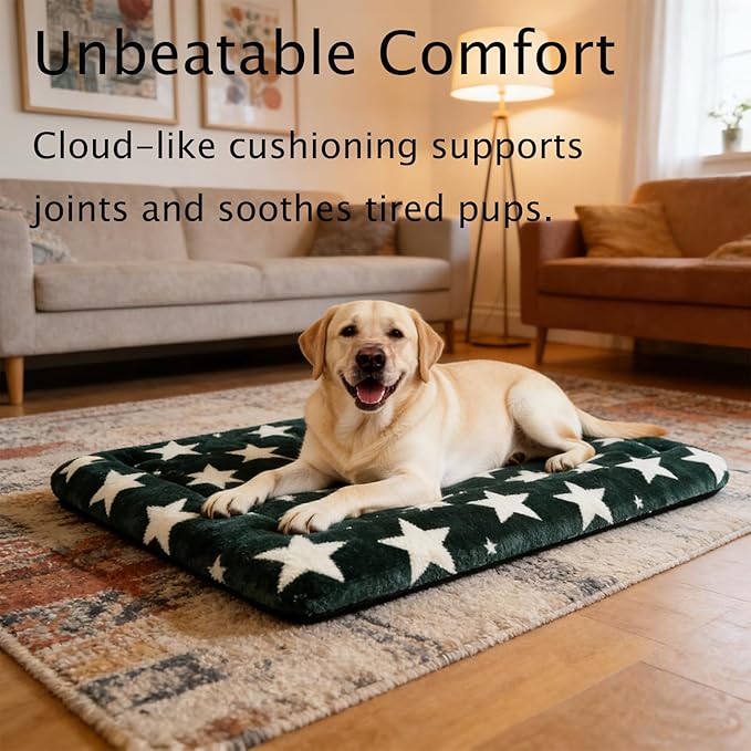 Fogkiss Dog Bed Mat, Reversible Crate Pad & Durable Dog Bed - Machine Washable Kennel Mat with Ultra Soft for Large Dogs (Big&Small Stars Green, 35" L*23" W*1.5" Th)