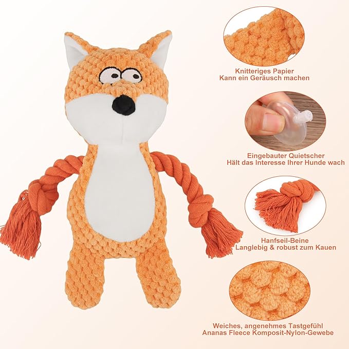 TONYFY Dog Toys, Dog Squeaker Toys with Crinkle Paper, Stuffed Animal Dog Plush Chewing Toy, Cotton Rope Interactive Toys for Puppy, Small, Middle Dogs (Orange Fox)