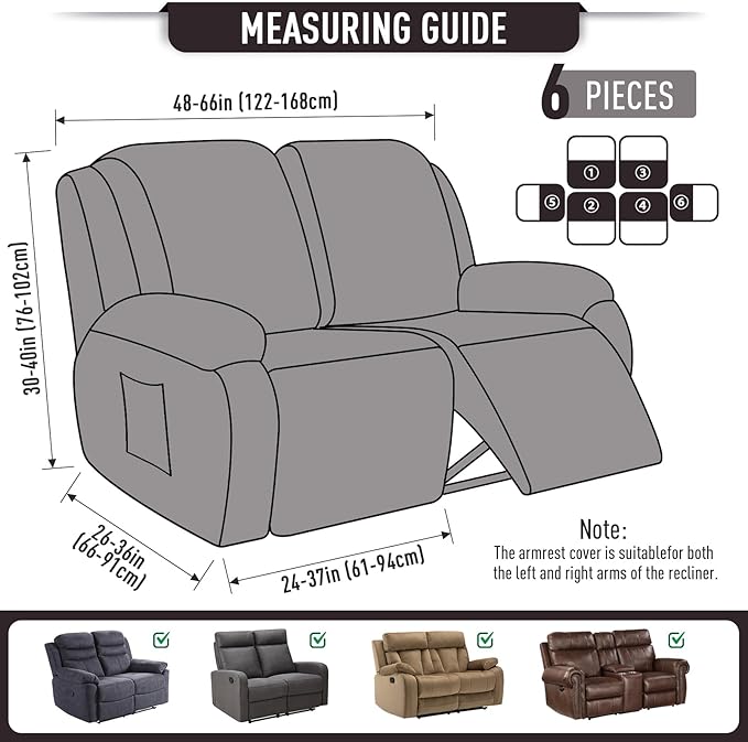 TAOCOCO Recliner Loveseat Slipcover, 6 Pieces Dual Recliner Sofa Covers for 2 Seat Dual Reclining Loveseat Couch, Stretch Soft Jacquard Pattern Furniture Protector with Elasticity (Chocolate)