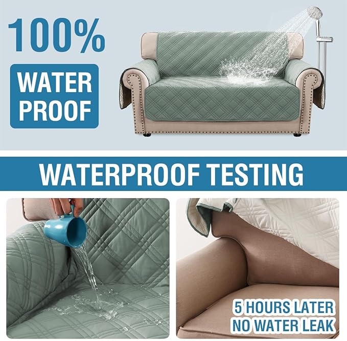 H.VERSAILTEX 100% Waterproof Couch Covers for 2 Cushion Couch Sofa Modern Sofa Covers Waterproof and Washable Thick Soft Couch Cover for Dogs with Elastic Straps (Loveseat, Lily Pad/Beige)
