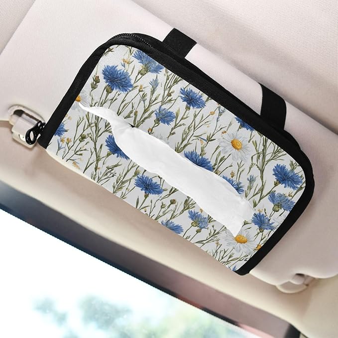 Car Tissue Holder Car Napkin Holder Car Tissue Box Dispenser Storage Case Sun Visor Mask Holder with Adjustable Straps Reusable Refillable Blue and White Daisy03