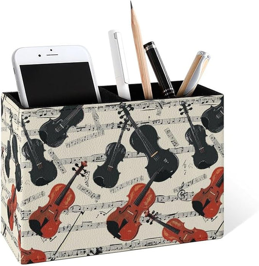 Famame Violins Black Music Notes Pencil Holder for Desk, Leather Desktop Container Pen Cup Storage Study Table Pen Organizer Makeup Brush Holder for Classroom Office Home