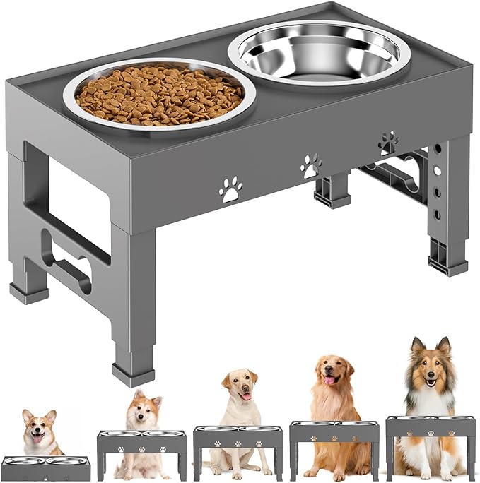 Elevated Dog Bowls with 2 Stainless Steel Bowls, Raised Dog Food Bowl Stand 5 Height Adjustable (3.1", 9", 10", 11", 12") Non-Slip Feeder Set for Medium and Large Dogs - Gray