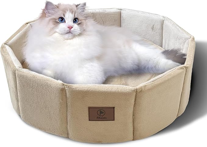 PJYuCien Cat Bed Kitten Bed, Washable Round Cat Beds for Indoor Cats, Super Soft Faux Rabbit Fur Small Bed for Puppy and Kitten, Fluffy Inner Mat Filling Memory Foam with Anti-Slip Bottom (Khaki)