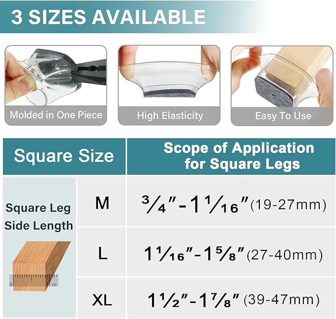 Ansible 24 Pcs Chair Leg Floor Protectors Square, Silicone Felt Furniture Leg Pads Caps Covers for Hardwood Floors (Fit:1-1/2" to 1-7/8")