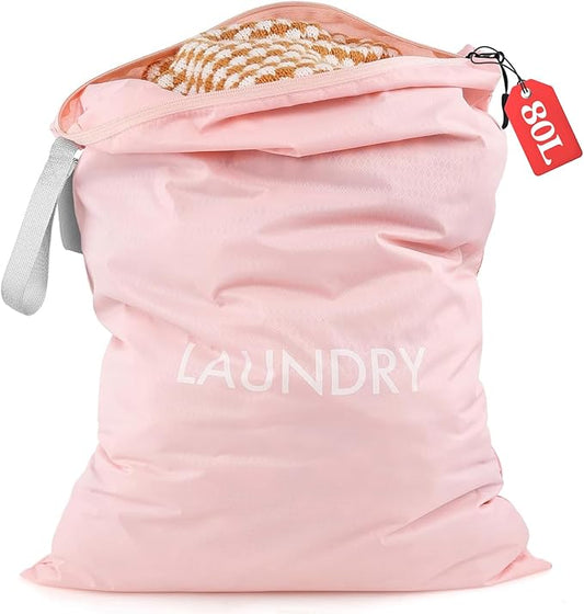 WiseBoy Laundry Bag, 23.6x35 inch Oversized Laundry Bags, Travel Laundry Bag Dirty Clothes Organizer, Nylon Wet Dry Storage Bag for College Dorm, Camping, Caravan, Pink