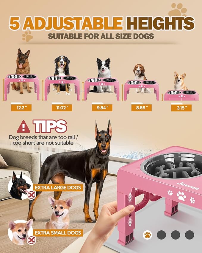 Jovrun Elevated Dog Bowls, Dog Feeder with Stainless Steel Dishes & Slow Feeder Bowl, 5 Heights Adjustable Raised Stand for Medium Large, Food Dishes with Non-Slip Feet