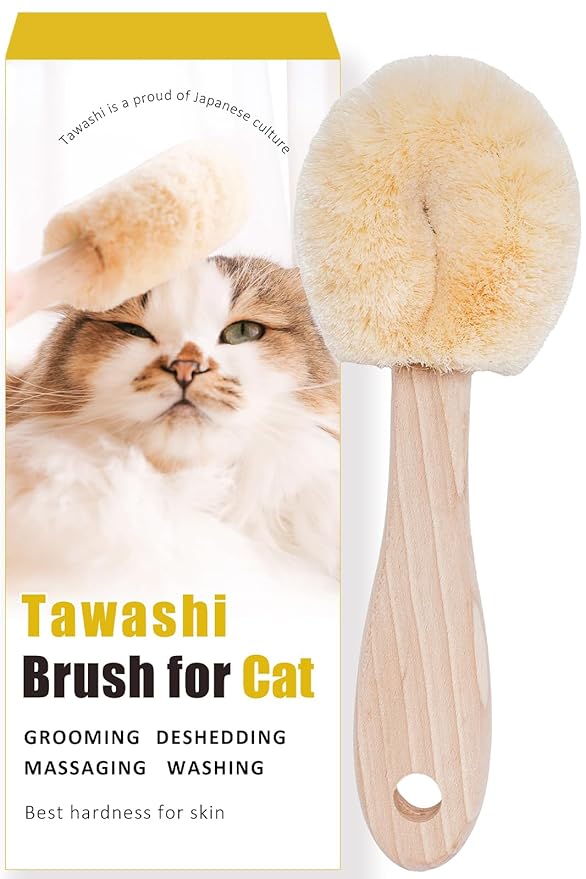 Cat Grooming Massage Tawashi Brush with Wood Handle Less Static Natural Sisal Fiber Made in Japan (Type-B)