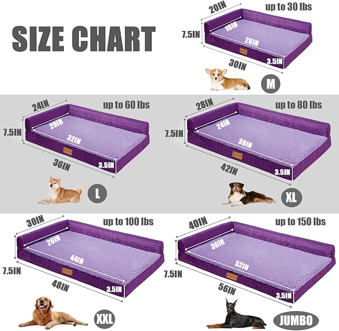 Patas Lague Orthopedic Dog Bed Medium Size Dog 30''X20'', Waterproof L Bolster Medium Pet Sofa Beds with Removable Washable Cover, Soft Pet Couch Crate Mat with Nonskid Bottom, Purple