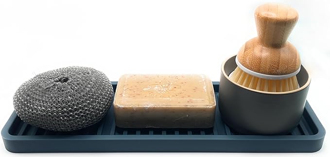 Happitasa Silicone Kitchen Sink Organizer Tray, Sponge Holder and Countertop Protector | Bathroom and Kitchen Soap Dish and Dispenser Tray (Smoky Blue, 12"x4")