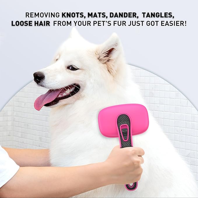 Self Cleaning Slicker Brush for Dogs and Cats - Skin Friendly Shedding & Grooming Tool for Long and Short Haired Pets,Easy Clean Retractable Bristles, Pink