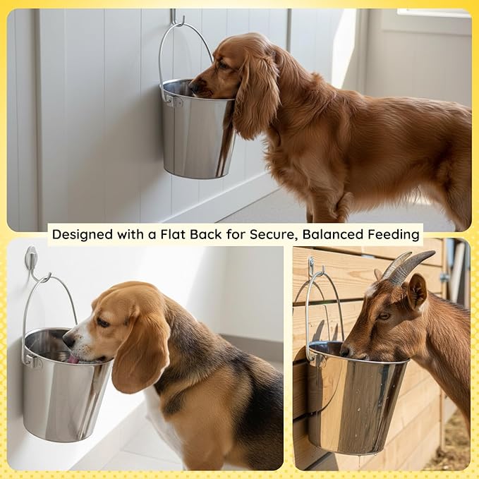 AASPIRE PETS 6 Quart Stainless Steel Flat Side Bucket | Durable Heavy Duty Food & Water Feeding Pails for Dog Cat Goat Sheep | Fits kennels Cages Critter Crates Hanging Pet Pail | Multipurpose Buckets