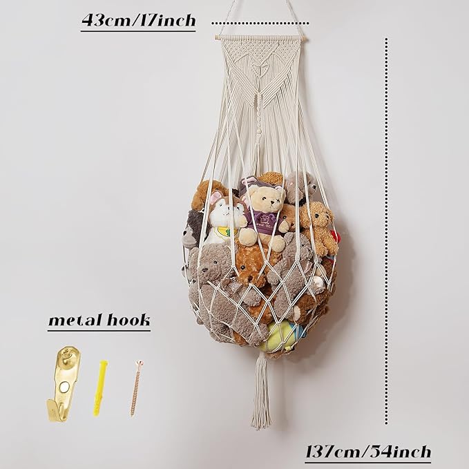 Stuffed Animal Net or Hammock Wall Hanging Net Over Door Organizer for Stuffies Plush Toy Storage Boho Macrame Toy Display Nursery Bedroom Decor Stuffy Animal Toy Organizer (Cream)
