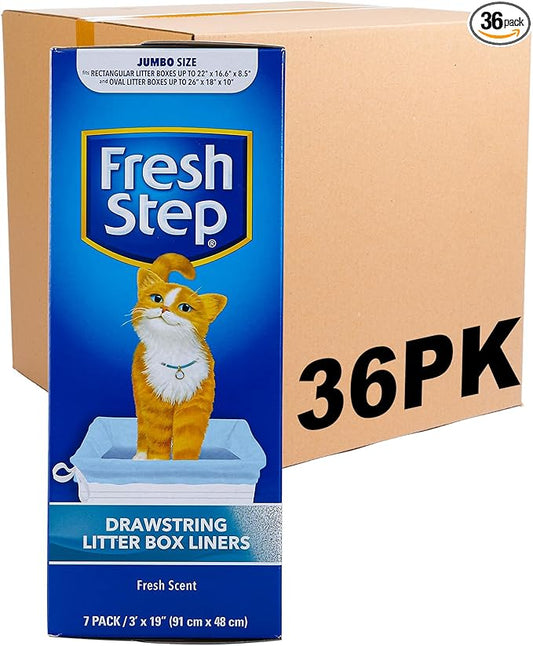 Fresh Step Jumbo Drawstring Cat Litter Box Liners, Scented Heavy Duty Kitty Litter Bags for X-Large Oval or Rectangle Pans, Helps Contain Mess for Easy Lift Out Cleanup, 36 x 19 in, 7 Count - 36 Pack