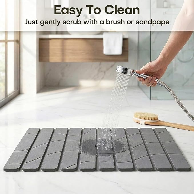 Linidcoud Foldable Stone Bath Mat, Non Slip Large Diatomaceous Shower Mat, Super Absorbent Quick Drying Stone Mat for Bathroom Kitchen Floor Counter Sink,Easy to Clean & Store (24" x 16" Dark Gray)