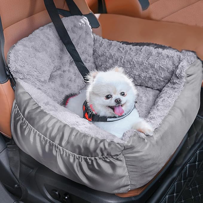 Dog Car Seat for Small Dogs, Washable Pet Booster Seats with Clip-On Safety Leash, Comfy Deluxe Plush Carseat with Pockets, Puppy Car Travel Carrier Bed for Dogs Under 25 lbs, Light Grey