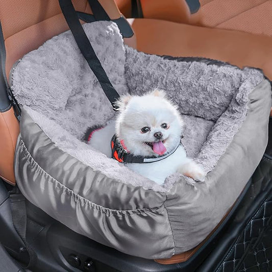 Dog Car Seat for Small Dogs, Washable Pet Booster Seats with Clip-On Safety Leash, Comfy Deluxe Plush Carseat with Pockets, Puppy Car Travel Carrier Bed for Dogs Under 25 lbs, Light Grey