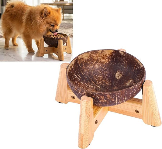 Dog Bowl for Cats and Small Dogs - All-Natural, Polished Coconut Shell Bowl with Wood Stand - Elevated/Raised 5-inch Total Height - Food-Contact Suitable