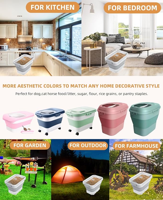 DDMOMMY 10-13 Lbs Dog Food Storage Container,Collapsible Dog Food Container with Transparent Airtight Lid,Pet Food Scoop and Dog Bowl,Multifunctional Food Storage Container for Pet Food,Rice,Flour