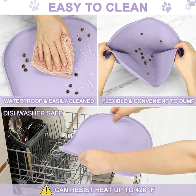 SMILOOL Silicone Pet Feeding Mat with Raised Edge for Food and Water, Dog Bowl Mats, Cat Bowls Placemat with High Lip for Floor Waterproof, Rubber Tray for Cats and Dogs 12 x 12 x 0.7 Light Purple