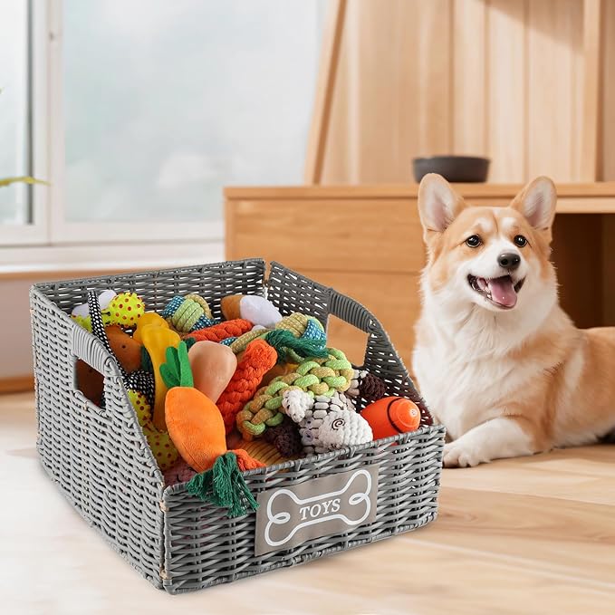 Geyecete Wicker Dog Toy Basket, Collapsible Plastic Vine Storage Bin with Handles, Grey, 840 Count, Pet Organization, Living Room, Bedroom, Bathroom, Nursery Room