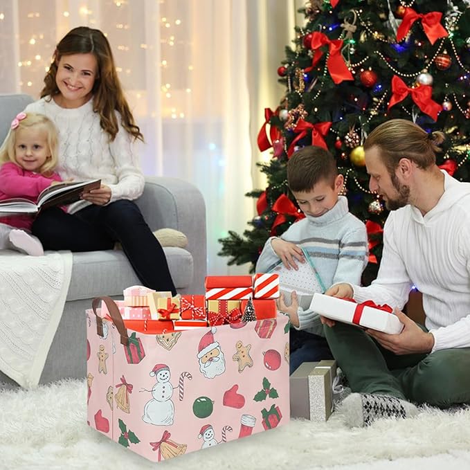 FXOCSHE Rectangular Christmas tree Basket,Pink Christmas,Nursery Hamper,Waterproof and foldable Christmas Tree Basket Baby Storage Bin,Toy Organizer,Boy and Girls New Year decor(Pink Christmas)
