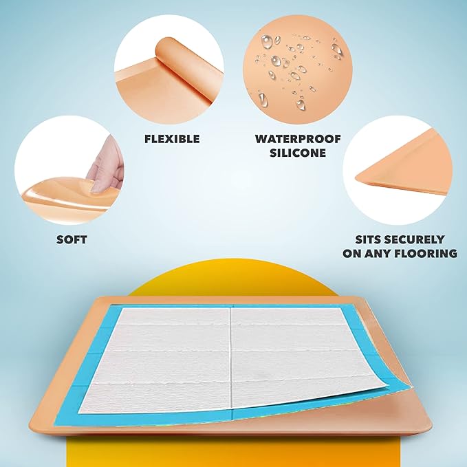 Skywin TidyFriend Dog Pee Pad Holder Tray - Fits Up to 24” x 24” Pee Pad Holder for Dogs - Stable Grip, Raised Edges, Quick-Wipe Silicone Surface Dog Pad Holder for Indoor Flooring Protection (Beige)