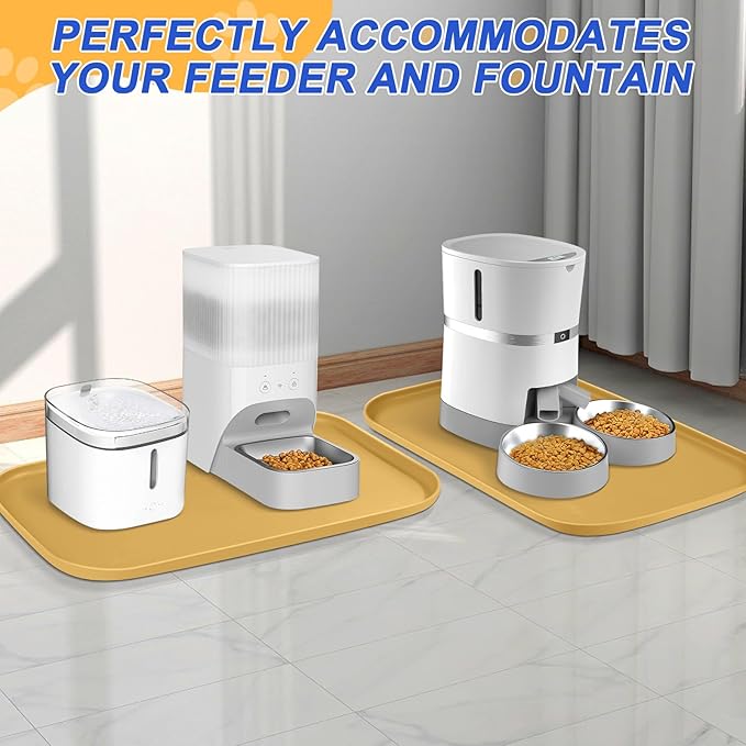 Silicone Pet Feeding Mat with Raised Edge for Food and Water, Dog Bowl Mats, Cat Bowls Placemat with High Lip for Floor Waterproof, Rubber Tray for Cats and Dogs 19 x 12 x0.7 Beige