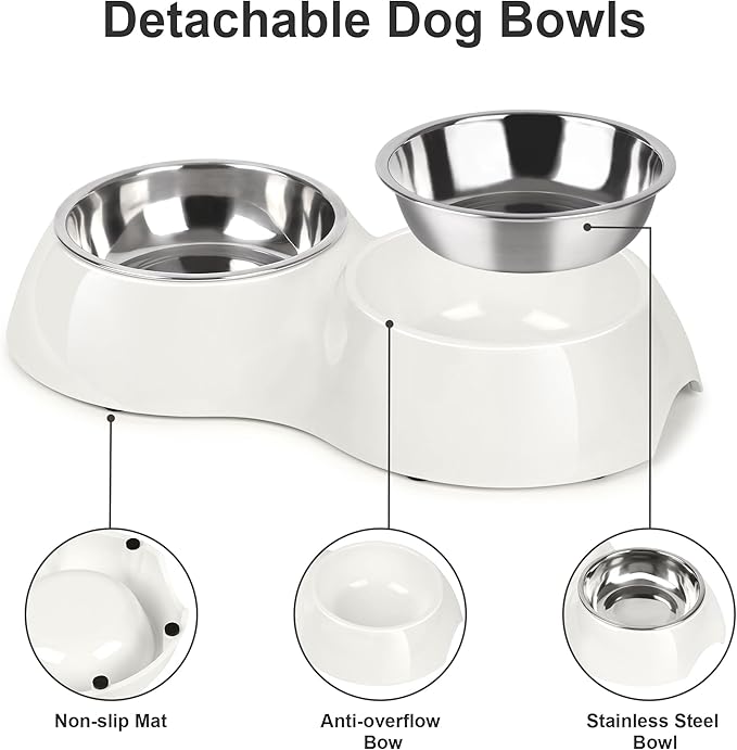 Petvillage Stainless Steel Dog Bowls Set – Dual Non-Slip Pet Dishes with 2 Small (4oz*2) Bowls & Durable Resin Stand,Food & Water Feeder for Kittens– White